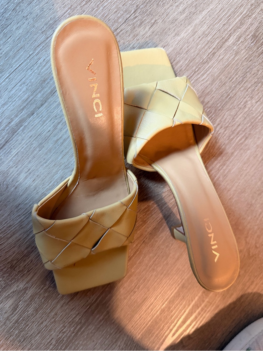 VINCI Pale Yellow Woven Square-Toe Slide Heels